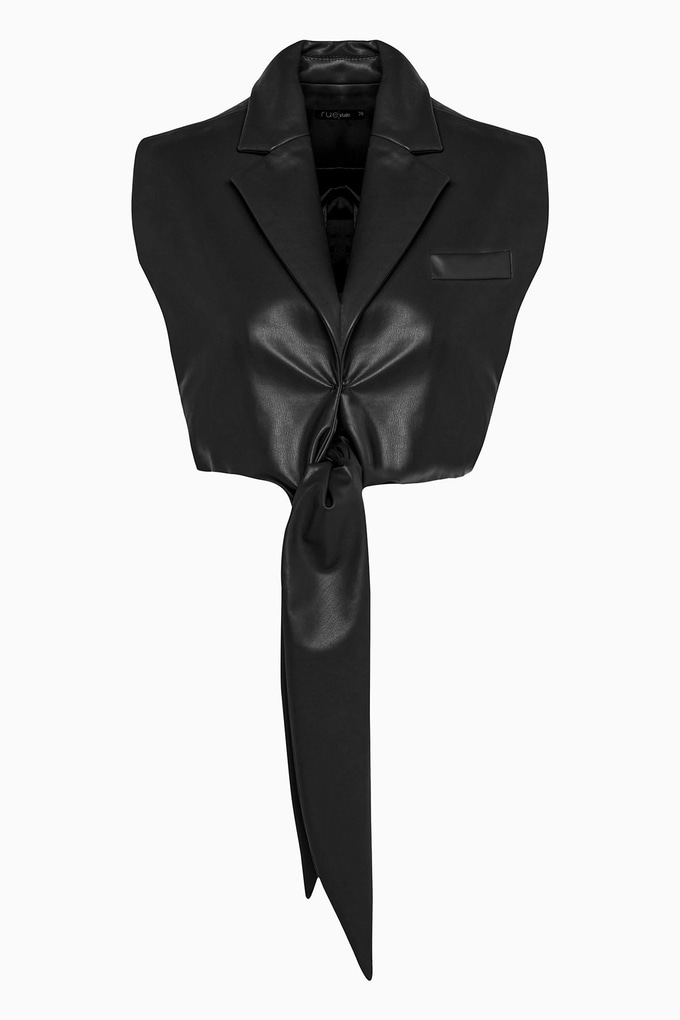 Front Tie Sleeveless Black Faux Leather Vest