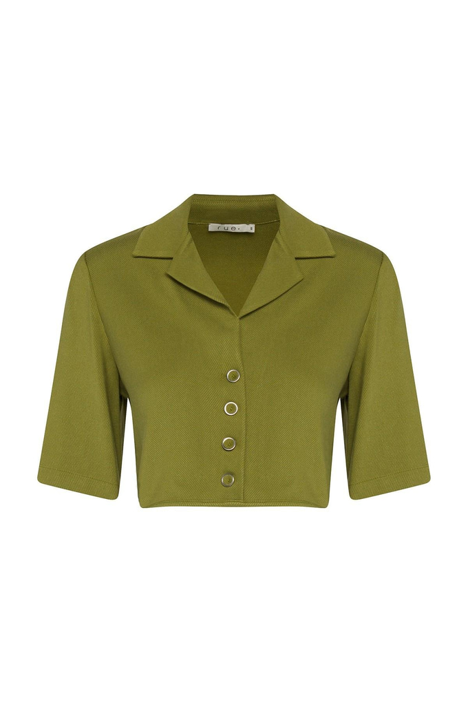 Önden Düğme Detaylı Ceket Yaka Yeşil Bluz