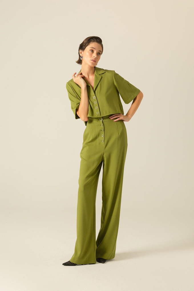 Önden Düğme Detaylı Ceket Yaka Yeşil Bluz