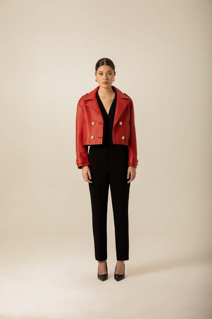 Front Button Detail Khaki Leather Jacket