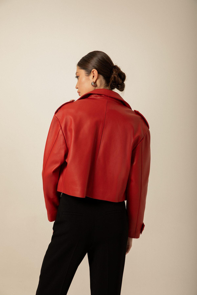 Front Button Detail Khaki Leather Jacket