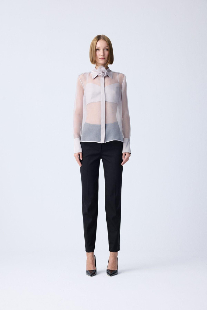 Önden Düğmeli Bej Transparan Şık Bluz