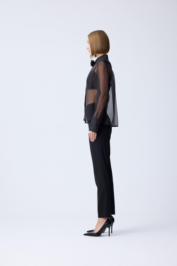 Front Button Sheer Elegant Black Blouse