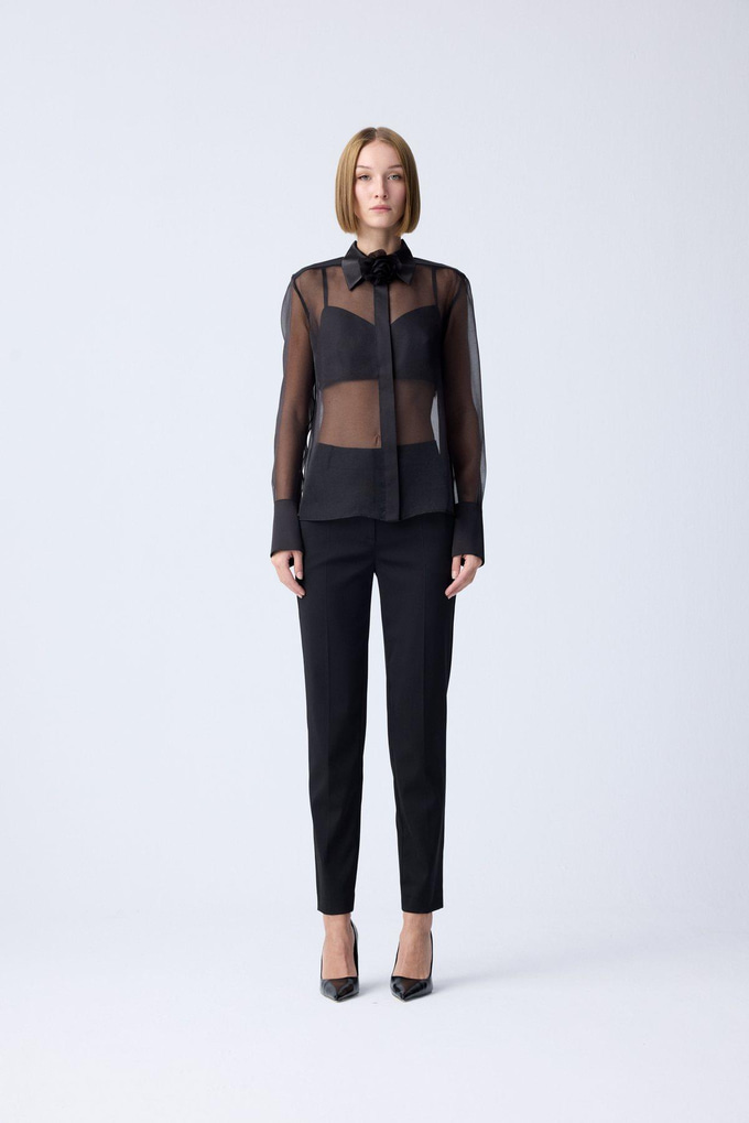 Front Button Sheer Elegant Black Blouse