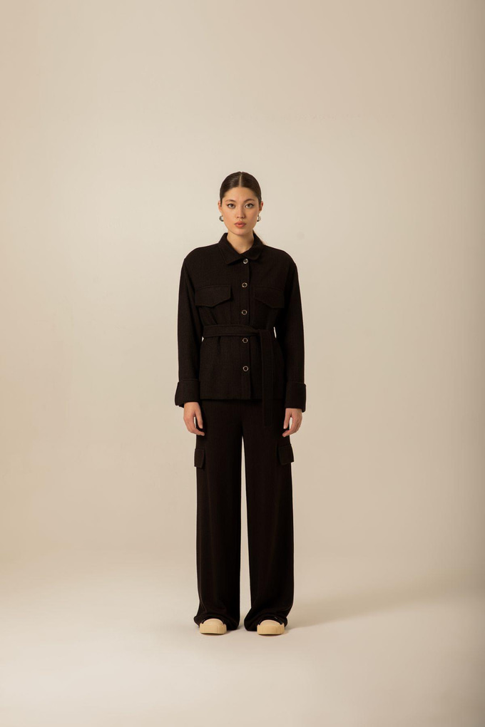 Oversize Kuşaklı Örme Siyah Ceket