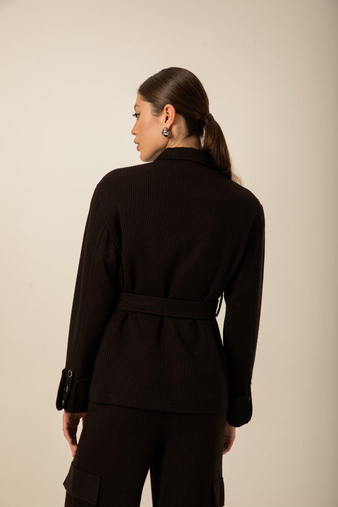 Oversize Kuşaklı Örme Siyah Ceket