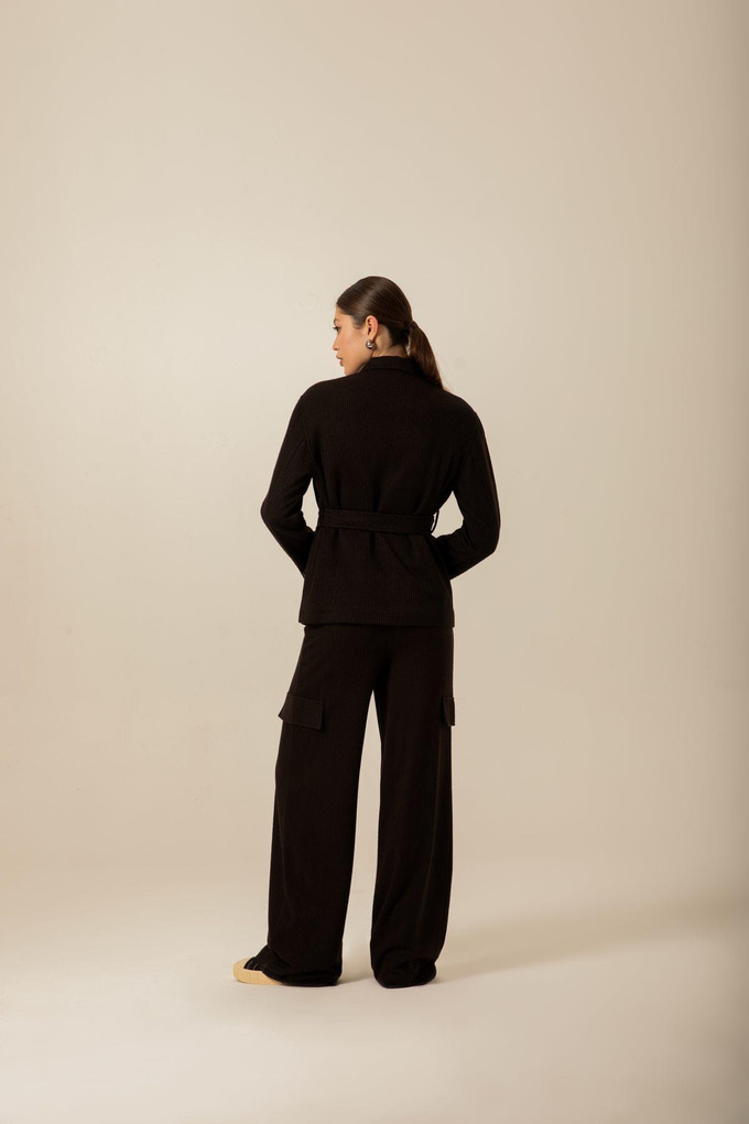 Oversize Kuşaklı Örme Siyah Ceket