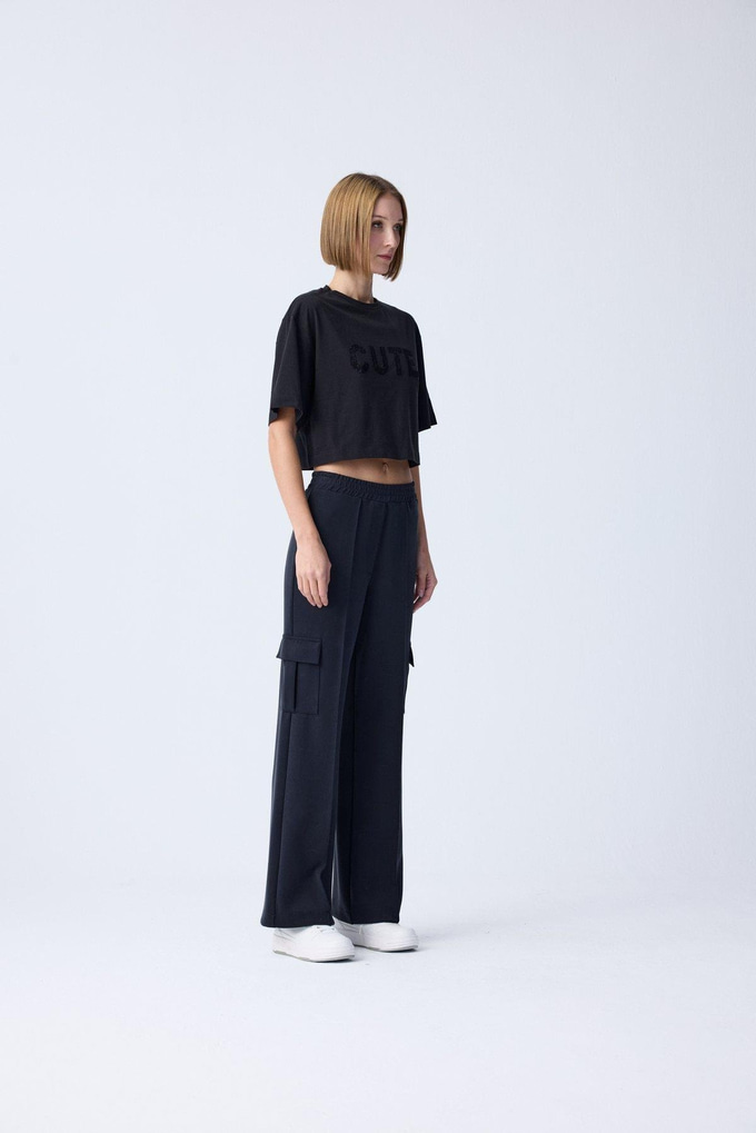 Sequin Detail Black Crop T-Shirt