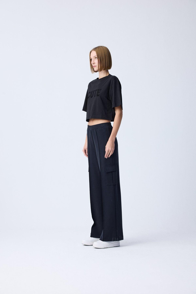 Sequin Detail Black Crop T-Shirt