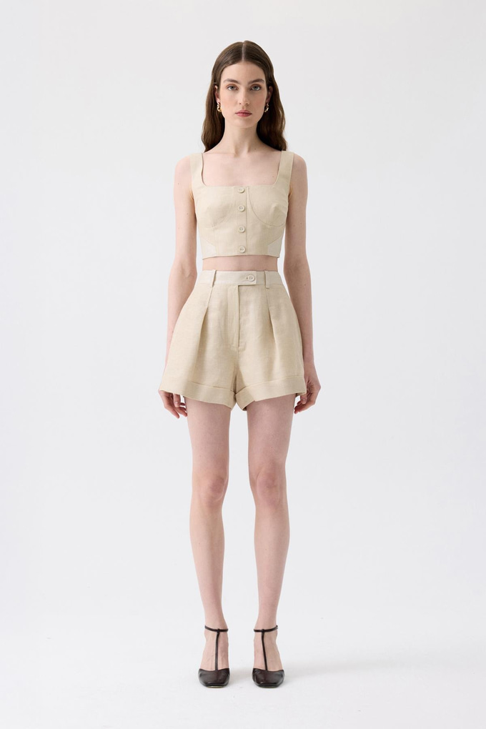 Pleated Detail Beige Mini Shorts