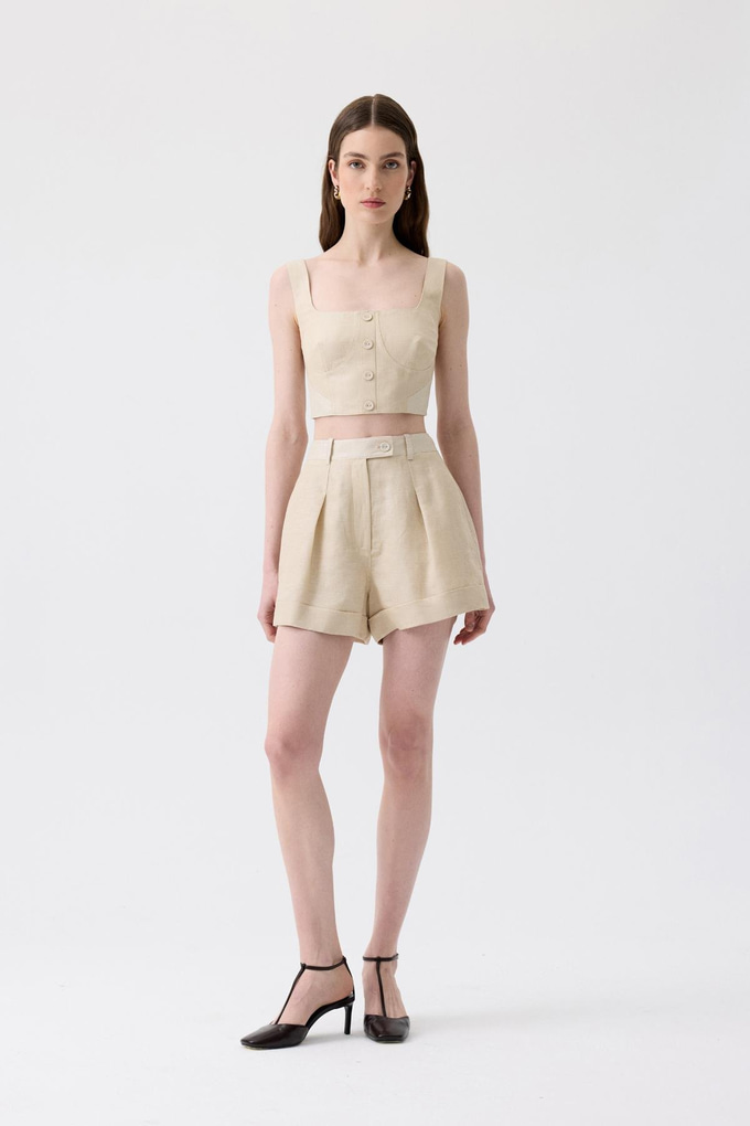 Pleated Detail Beige Mini Shorts