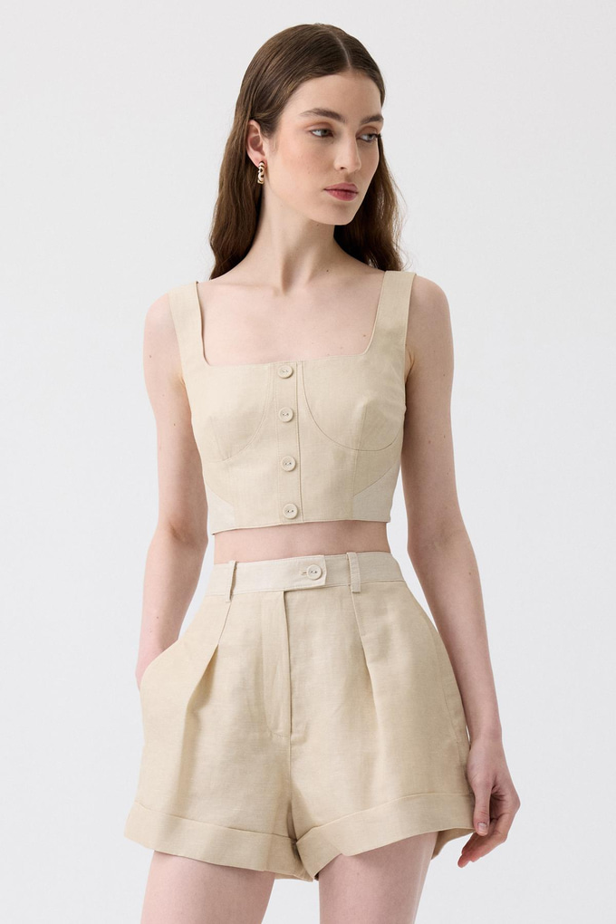 Pleated Detail Beige Mini Shorts