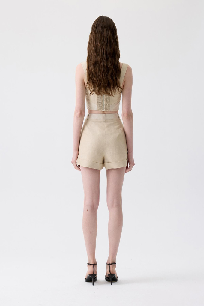 Pleated Detail Beige Mini Shorts