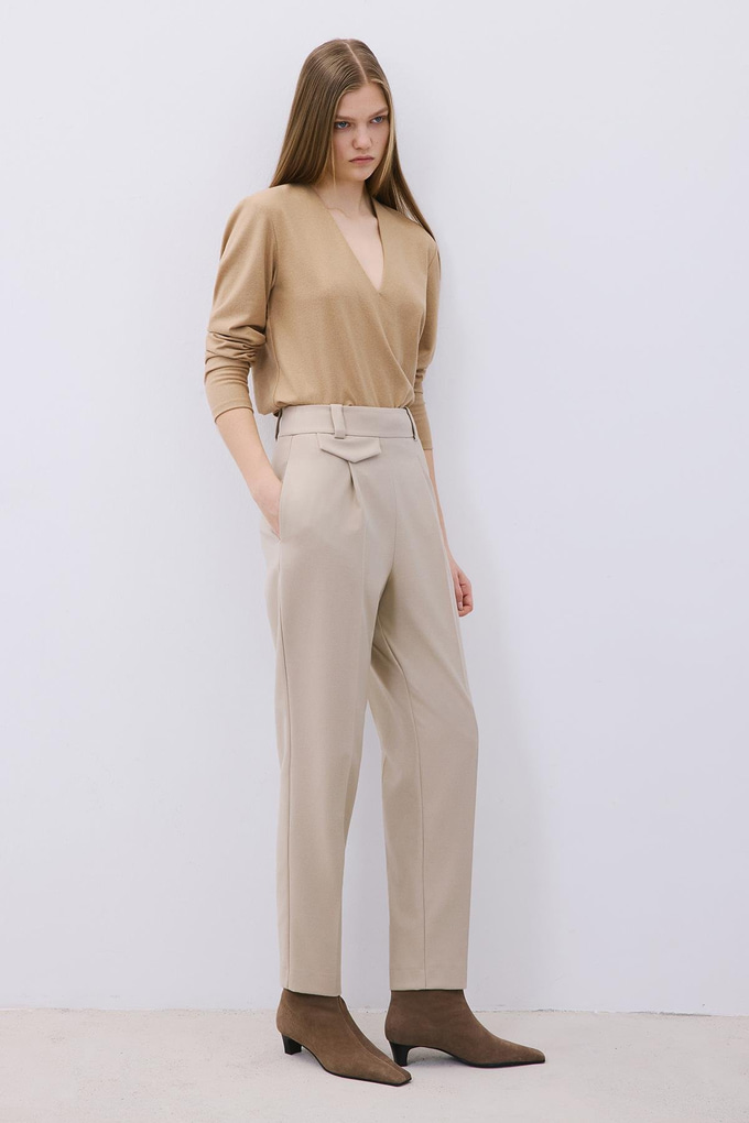Beige Wool-Blend Pleated High Waist Pants