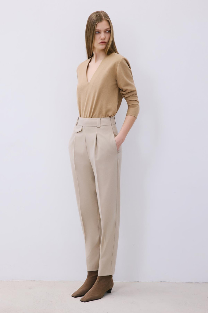 Beige Wool-Blend Pleated High Waist Pants