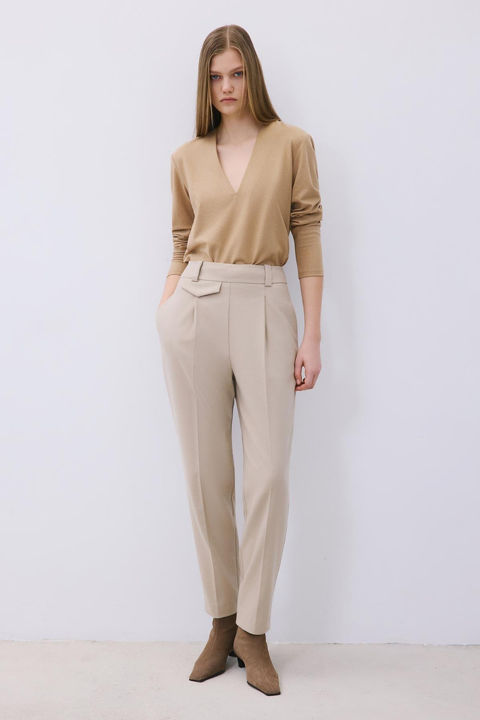 Beige Wool-Blend Pleated High Waist Pants
