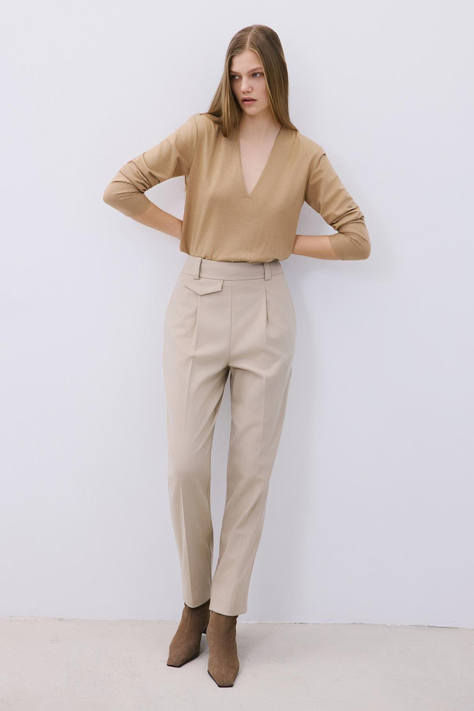 Beige Wool-Blend Pleated High Waist Pants