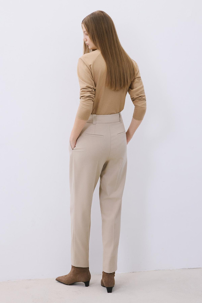 Beige Wool-Blend Pleated High Waist Pants