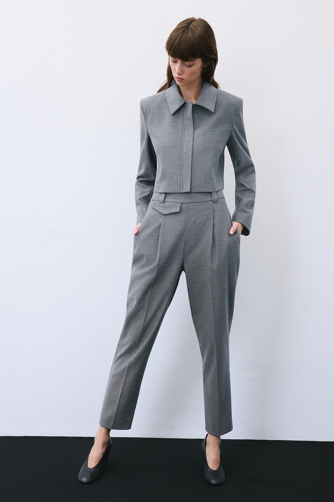 Gray Wool-Blend Pleated High Waist Pants