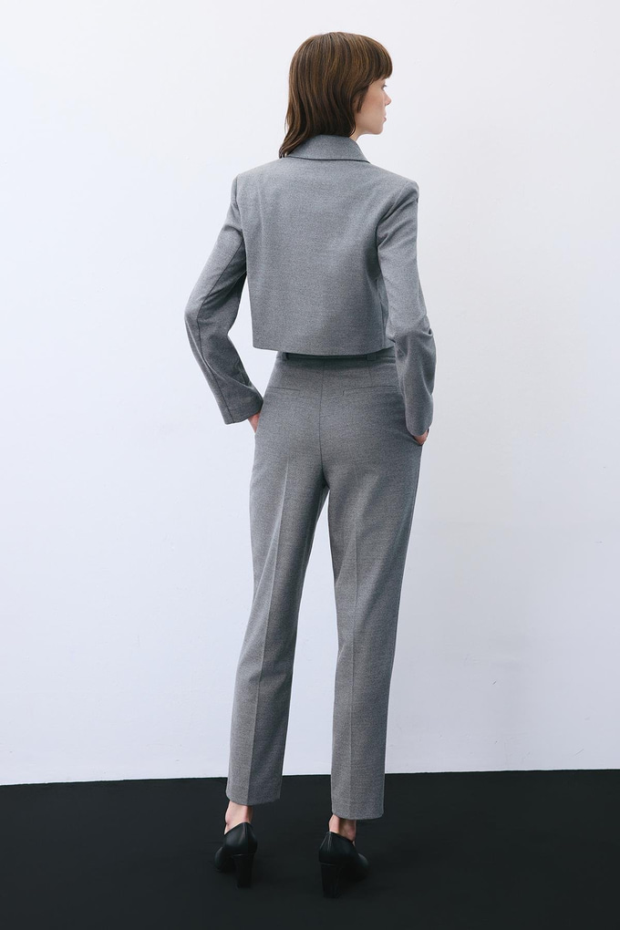 Gray Wool-Blend Pleated High Waist Pants