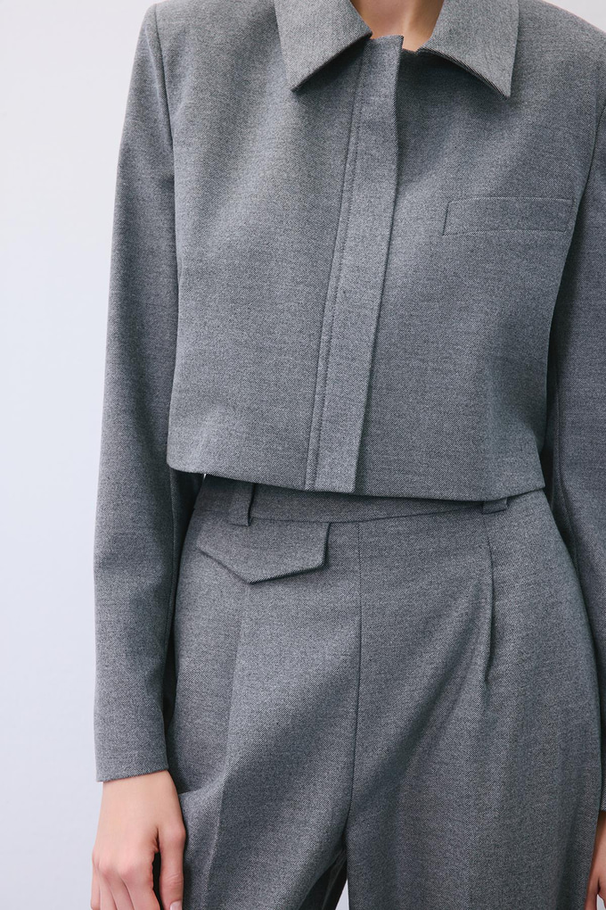 Gray Wool-Blend Pleated High Waist Pants