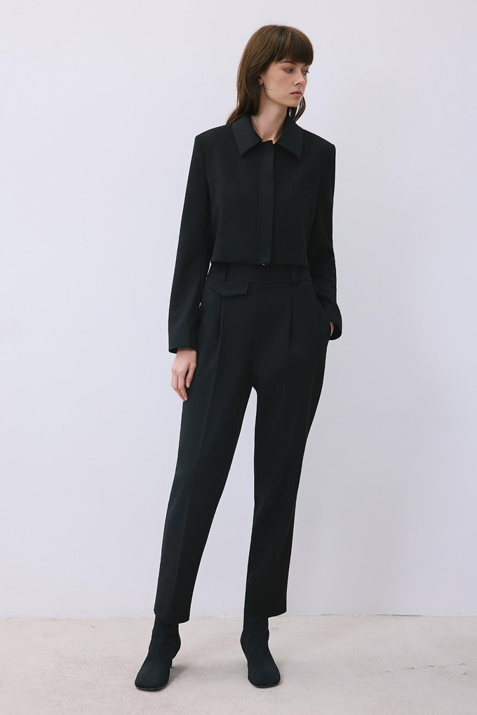 Black Wool-Blend Pleated High Waist Pants