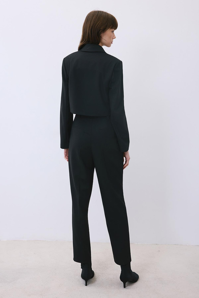 Black Wool-Blend Pleated High Waist Pants