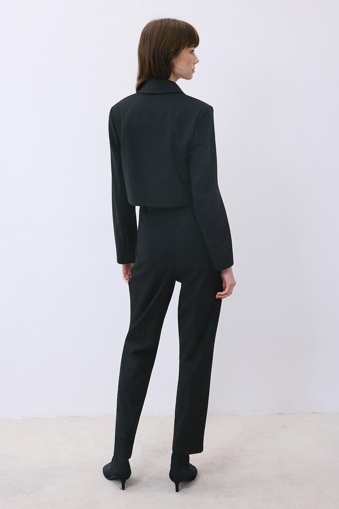 Black Wool-Blend Pleated High Waist Pants