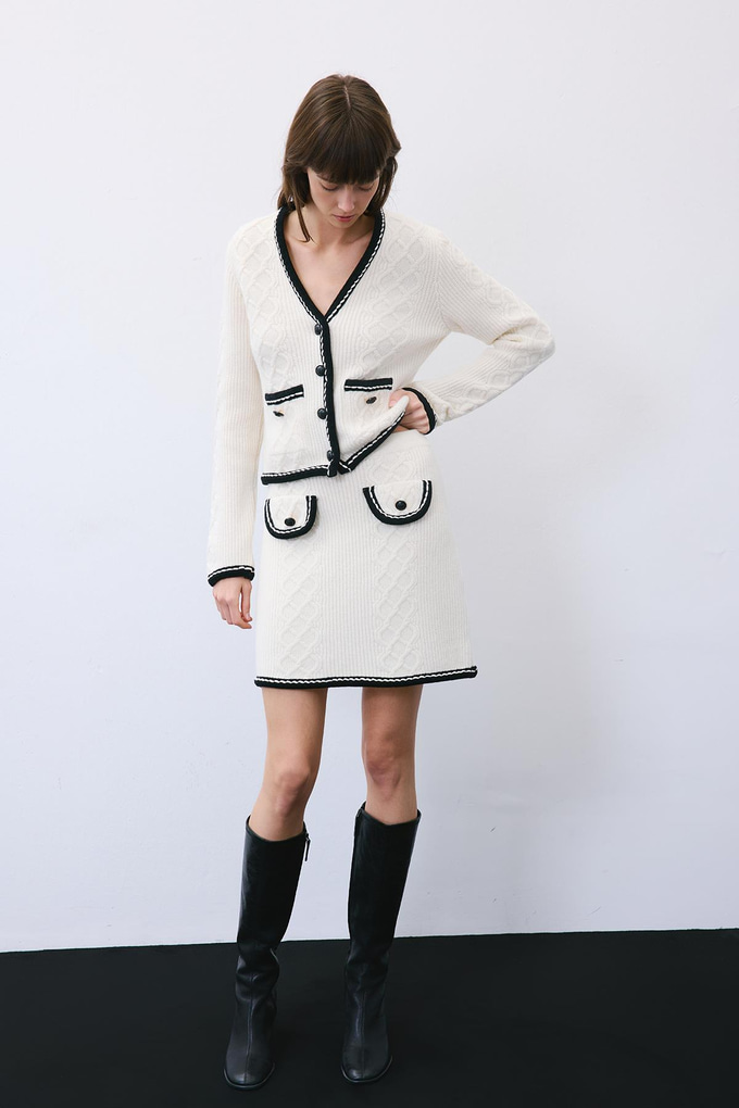 Ecru Knit Mini Skirt with Contrast Piping