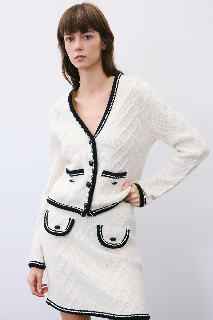 Ecru Knit Mini Skirt with Contrast Piping