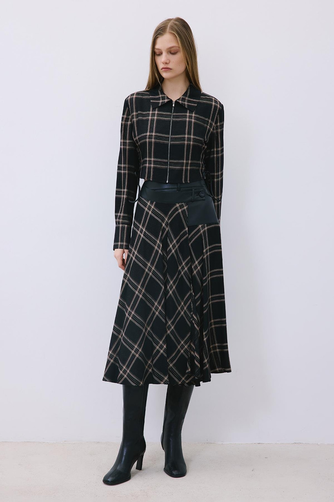 Glitter Plaid Wrap Black Midi Skirt  