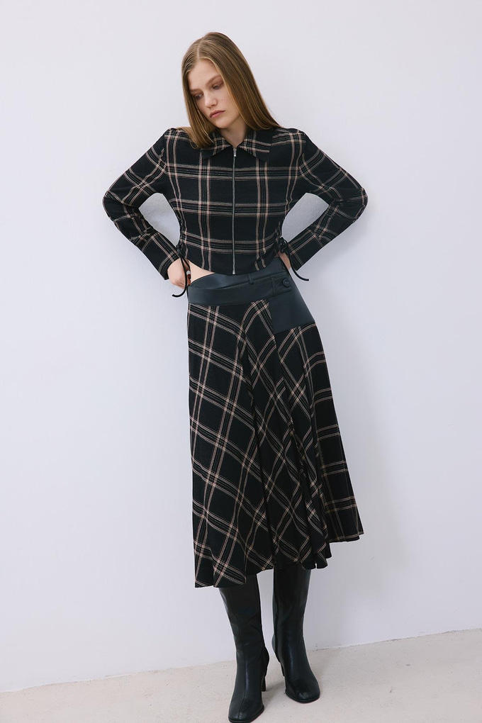 Glitter Plaid Wrap Black Midi Skirt  