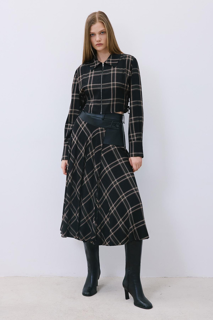 Glitter Plaid Wrap Black Midi Skirt  