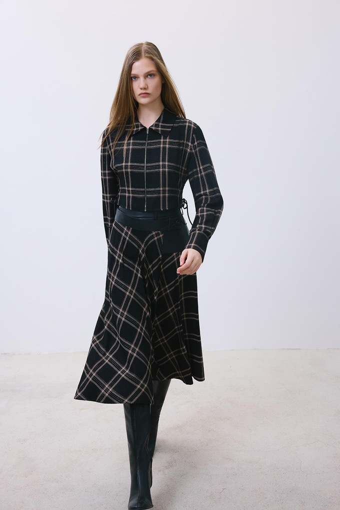 Glitter Plaid Wrap Black Midi Skirt  