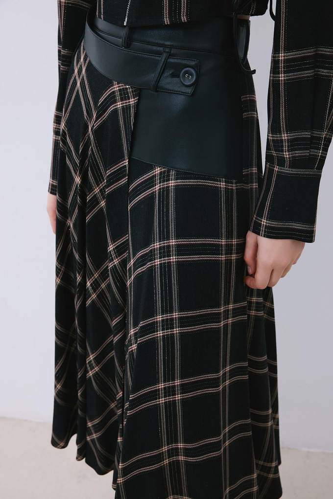 Glitter Plaid Wrap Black Midi Skirt  