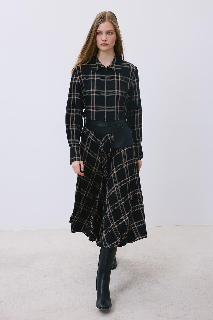 Glitter Plaid Wrap Black Midi Skirt  