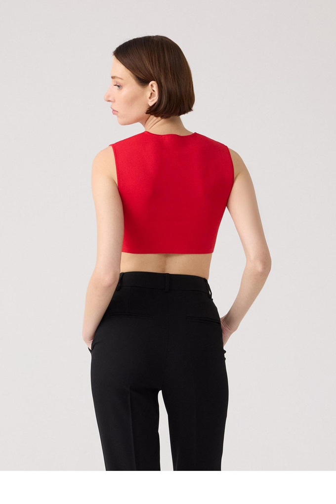 Back-Deep Detailed Red Knit Bodysuit
