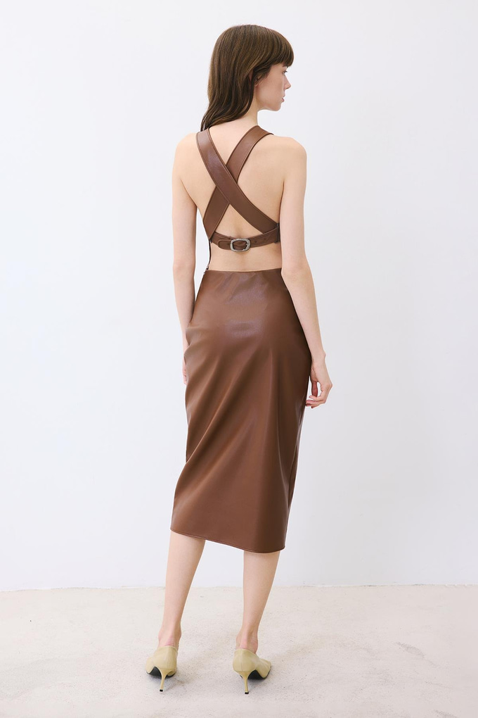 Brown Leather Midi Dress With Open Back