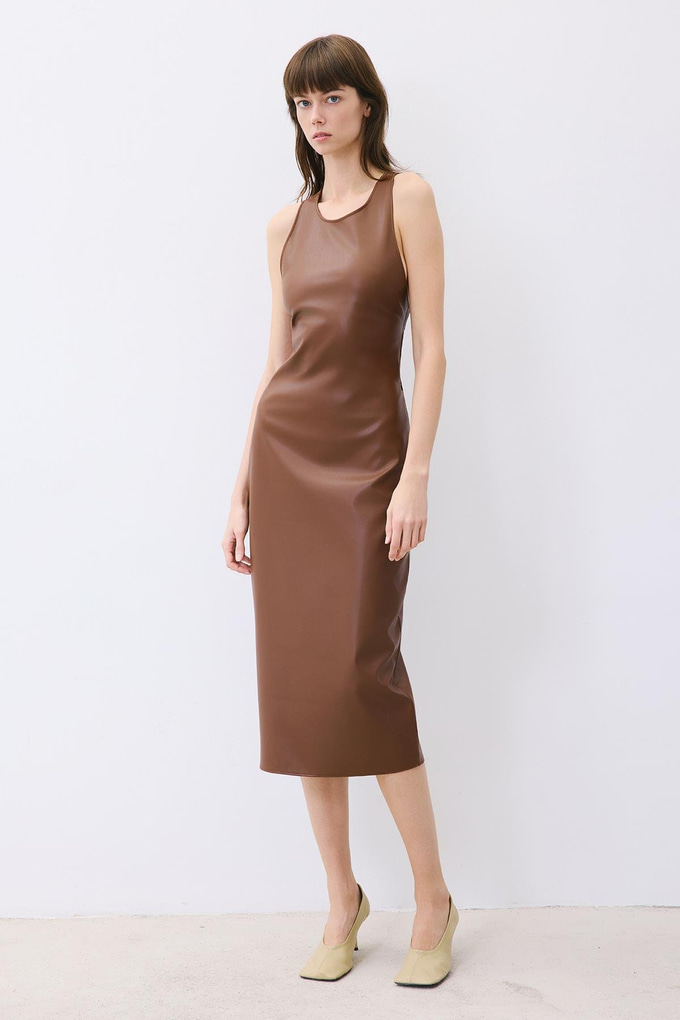 Brown Leather Midi Dress With Open Back