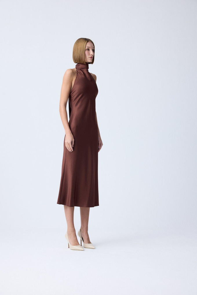 Back Cutout Brown Elegant Dress