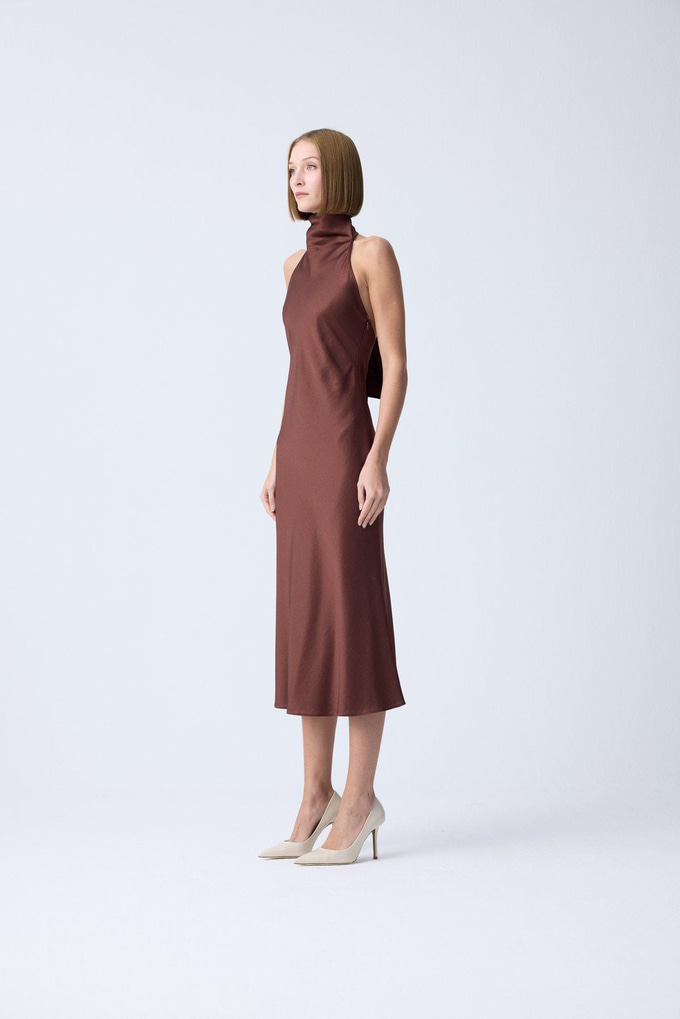 Back Cutout Brown Elegant Dress