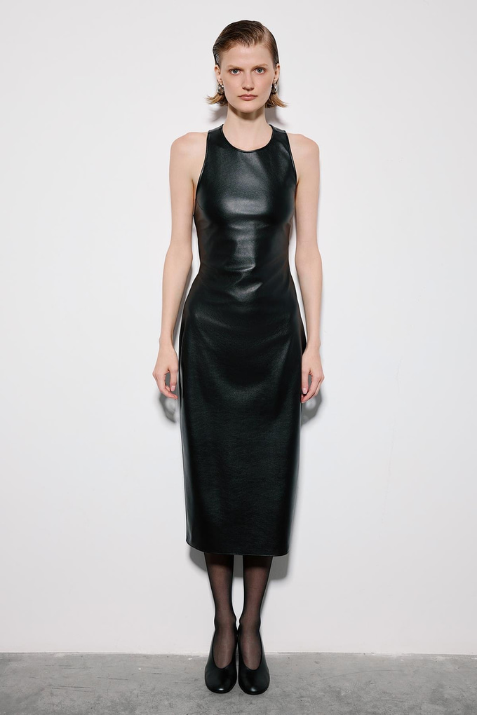 Black Leather Midi Dress With Open Back