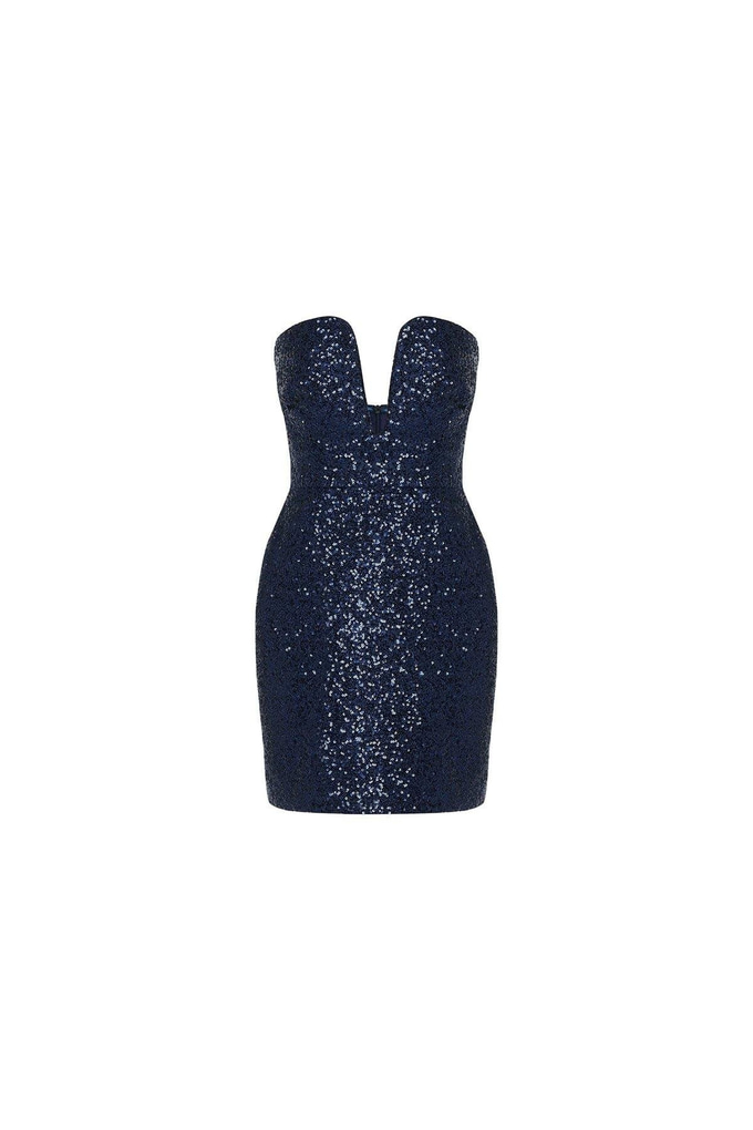 Straplez Payet Lacivert Mini Elbise