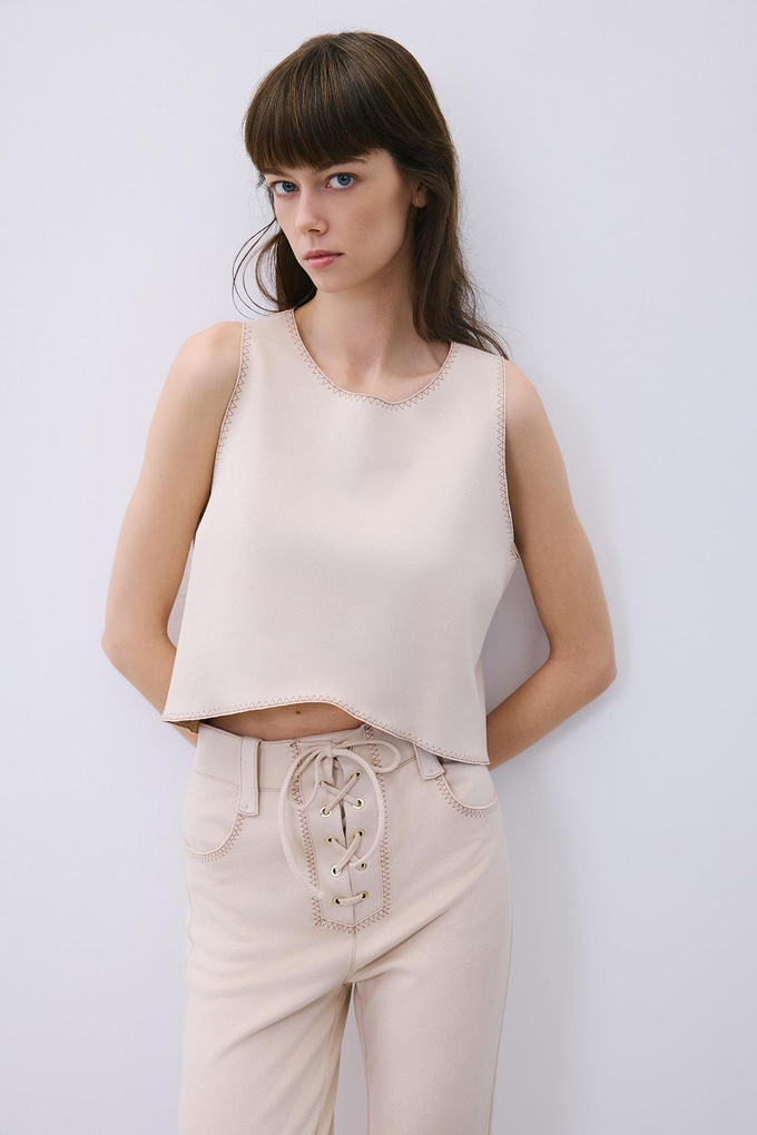 Beige Suede Crop Blouse with Contrast Stitch