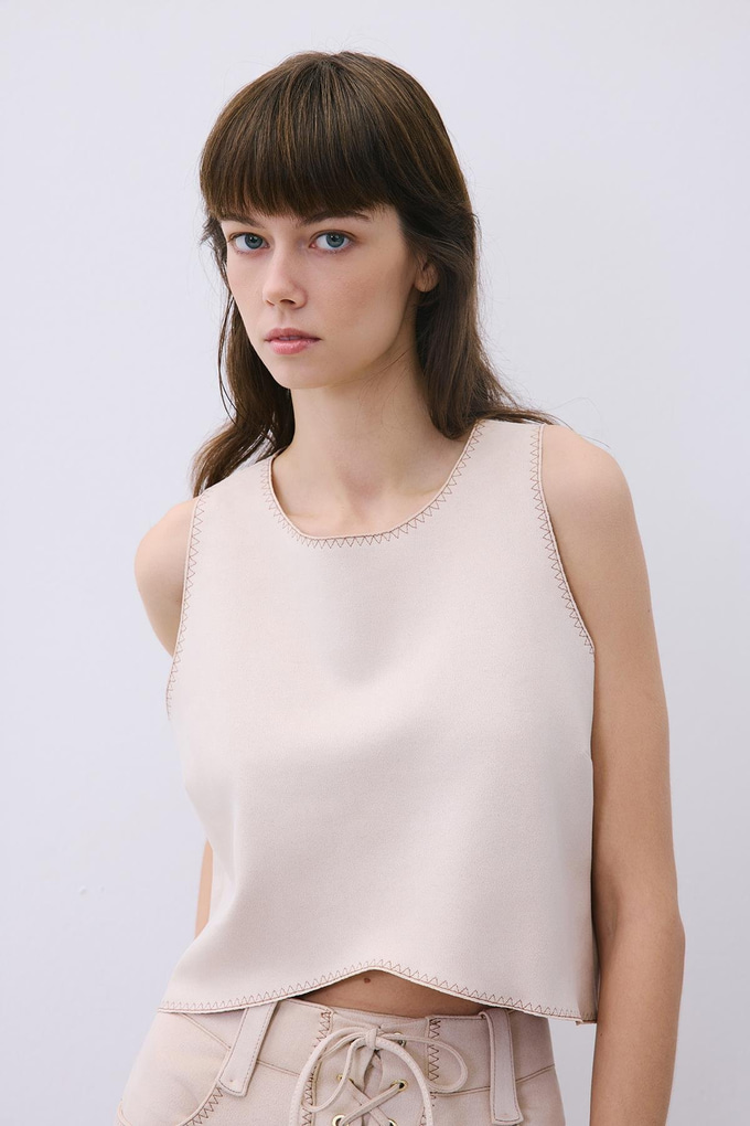 Beige Suede Crop Blouse with Contrast Stitch