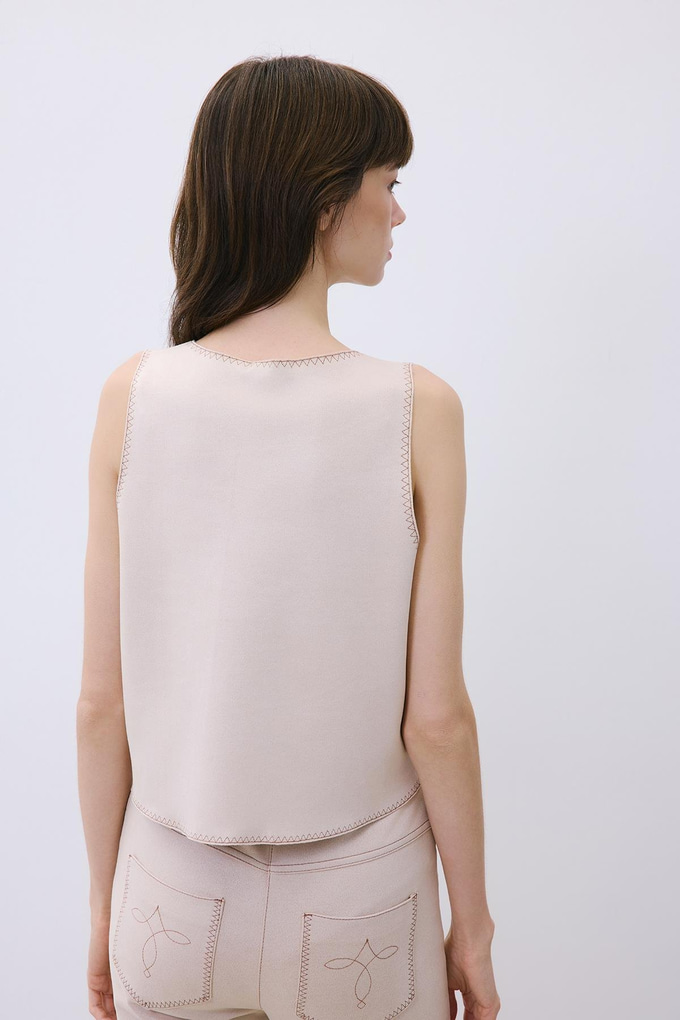 Beige Suede Crop Blouse with Contrast Stitch