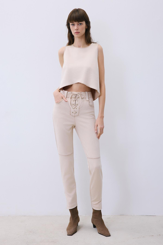 Beige Suede Crop Blouse with Contrast Stitch