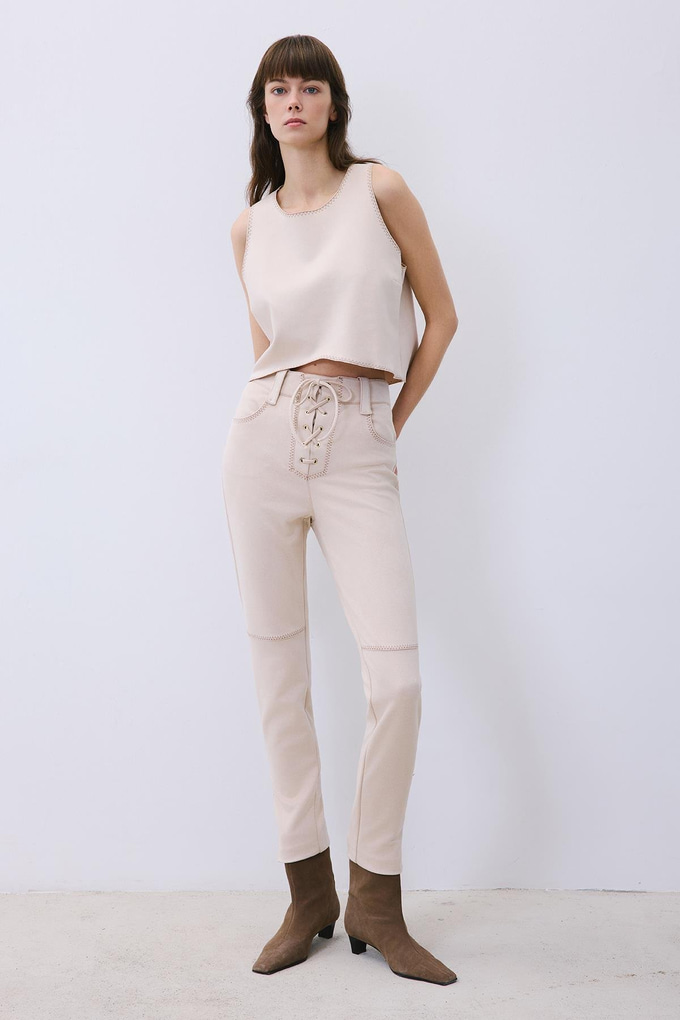 Beige Suede Crop Blouse with Contrast Stitch