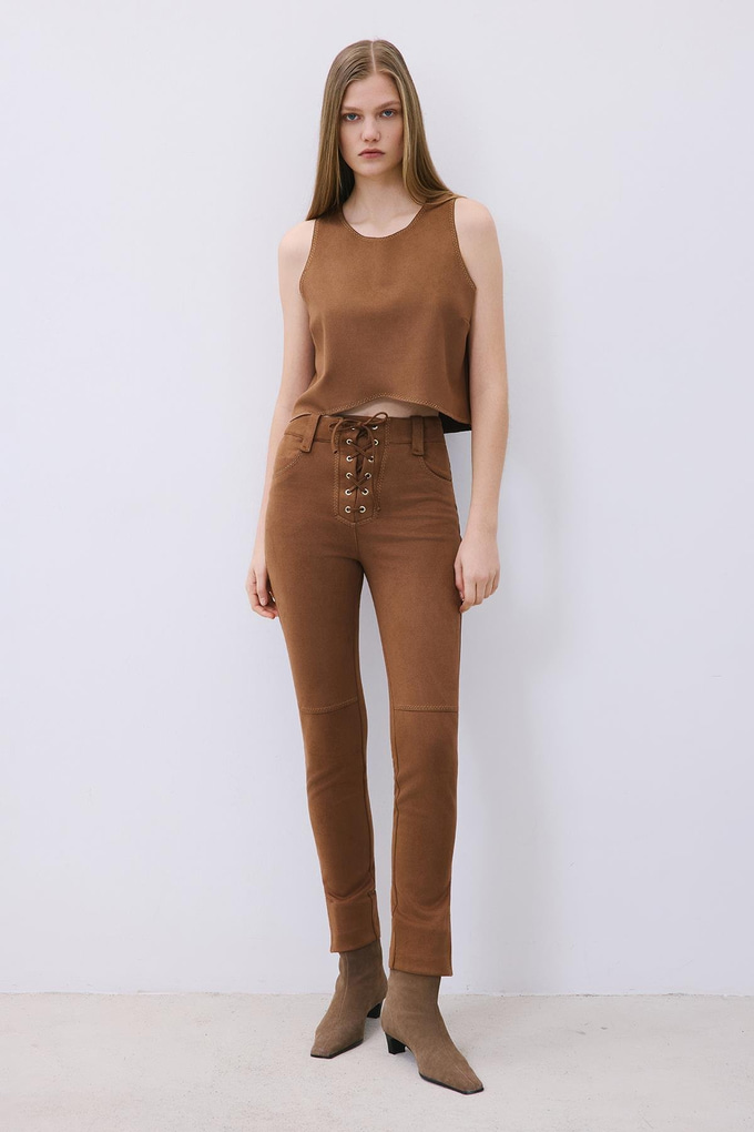 Brown Suede Crop Blouse with Contrast Stitch