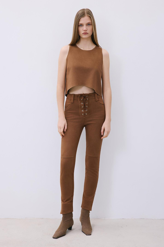 Brown Suede Crop Blouse with Contrast Stitch